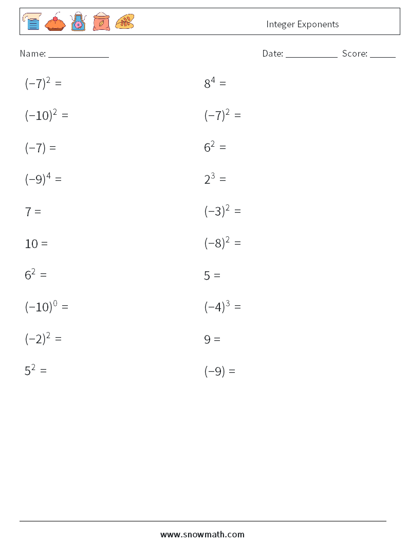 Integer Exponents Math Worksheets 2