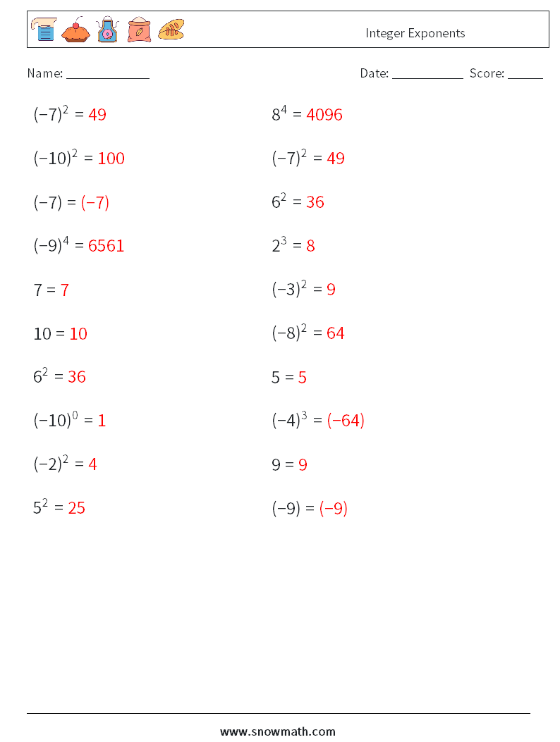 Integer Exponents Math Worksheets 2 Question, Answer