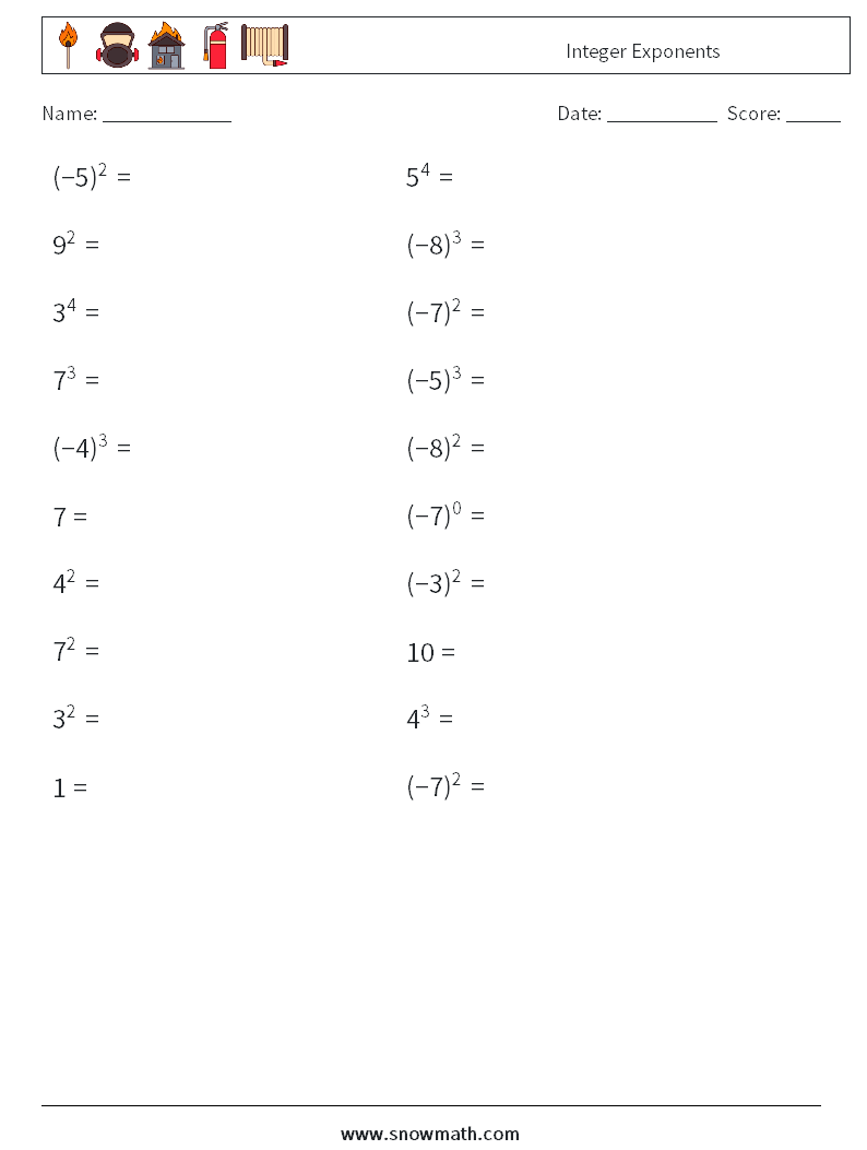 Integer Exponents Math Worksheets 3