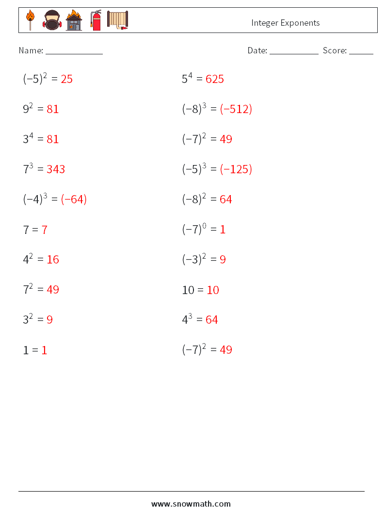 Integer Exponents Math Worksheets 3 Question, Answer