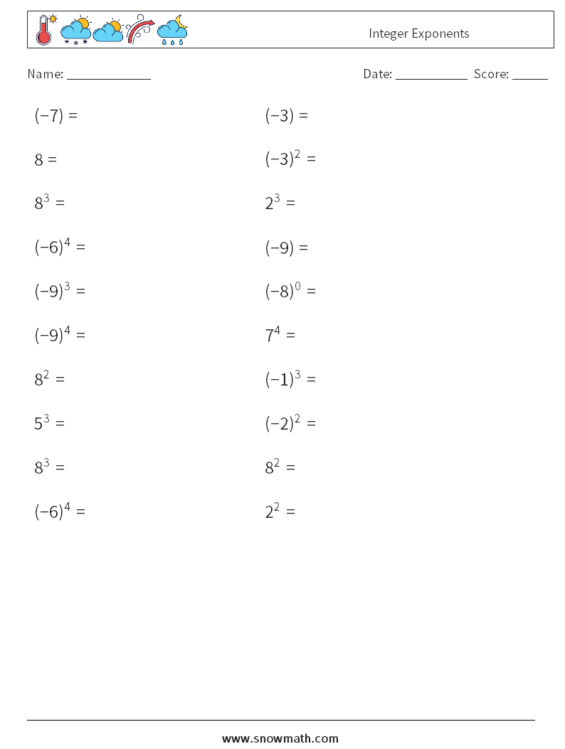 Integer Exponents Math Worksheets 4