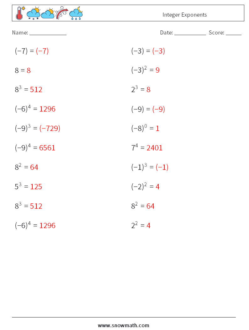 Integer Exponents Math Worksheets 4 Question, Answer