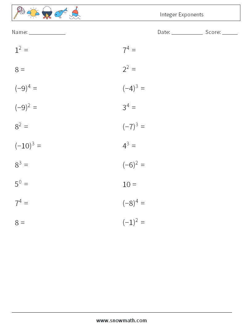 Integer Exponents Math Worksheets 5