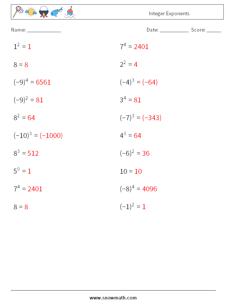 Integer Exponents Math Worksheets 5 Question, Answer