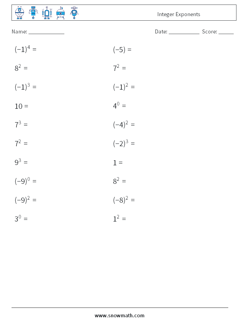 Integer Exponents Math Worksheets 6