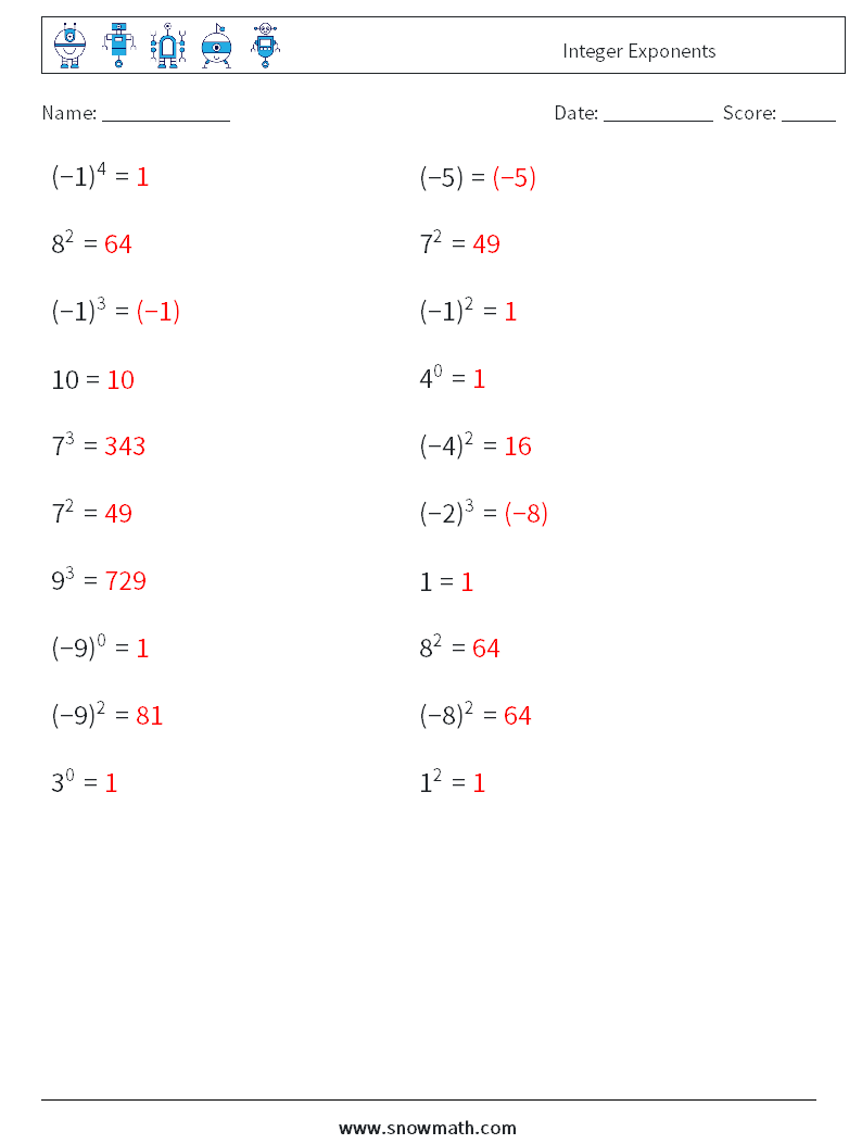 Integer Exponents Math Worksheets 6 Question, Answer