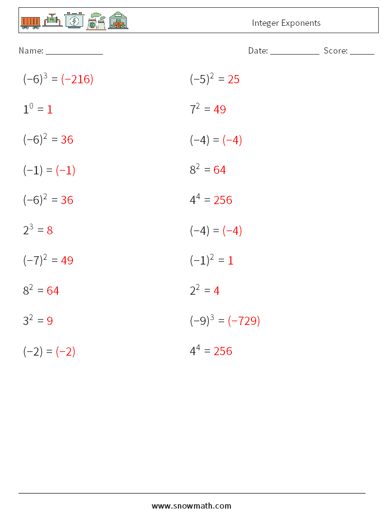Integer Exponents Math Worksheets 7 Question, Answer