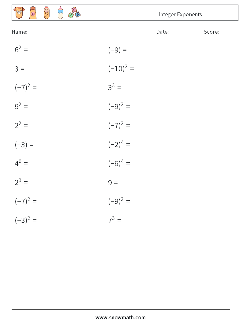 Integer Exponents Maths Worksheets 8