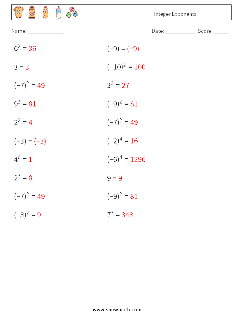 Integer Exponents Math Worksheets 8 Question, Answer