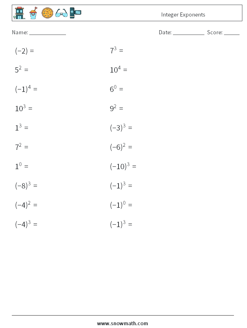 Integer Exponents Maths Worksheets 9