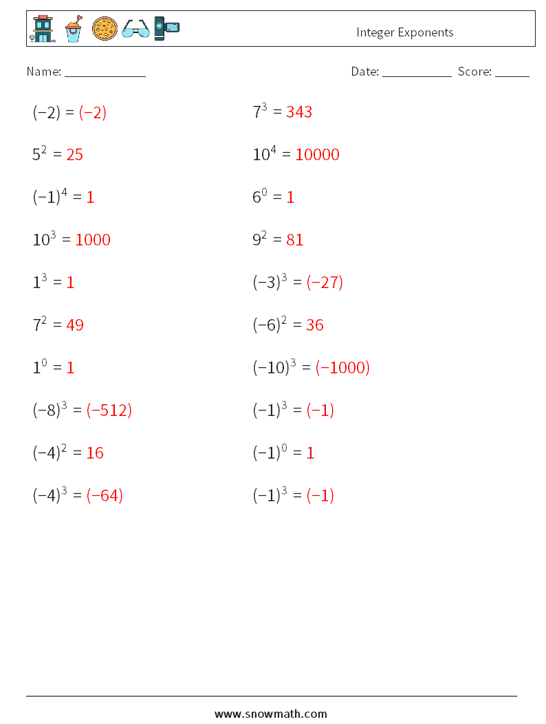Integer Exponents Math Worksheets 9 Question, Answer