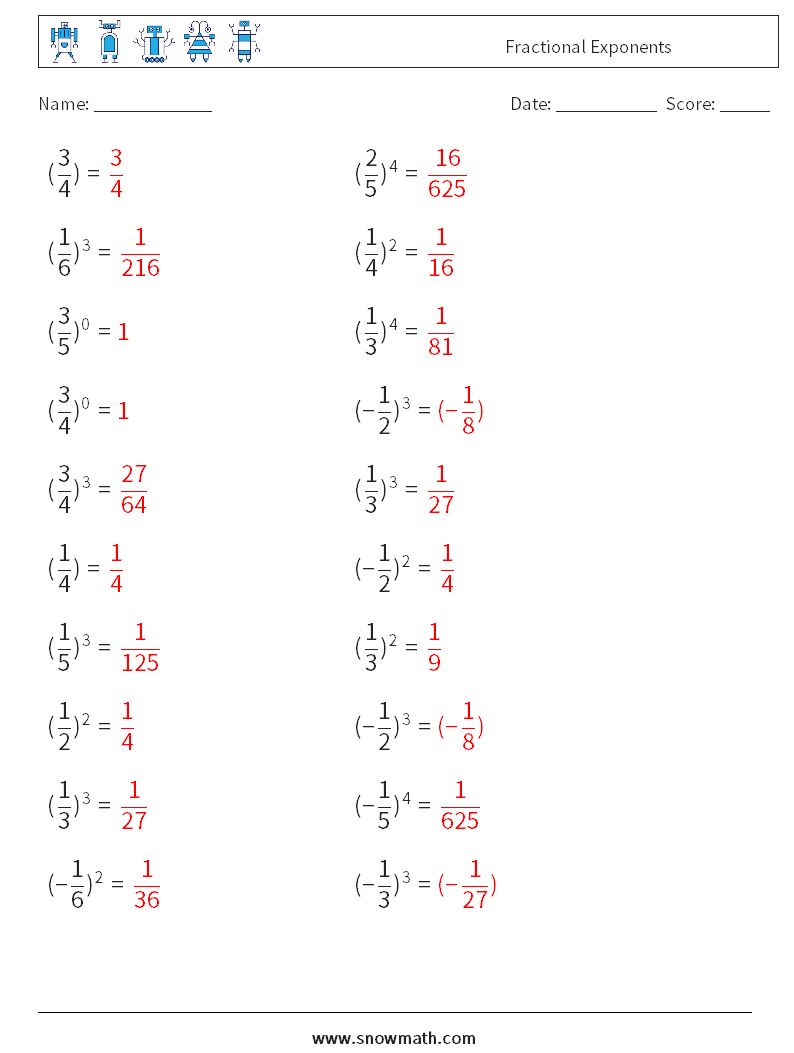 Fractional Exponents Math Worksheets 8 Question, Answer