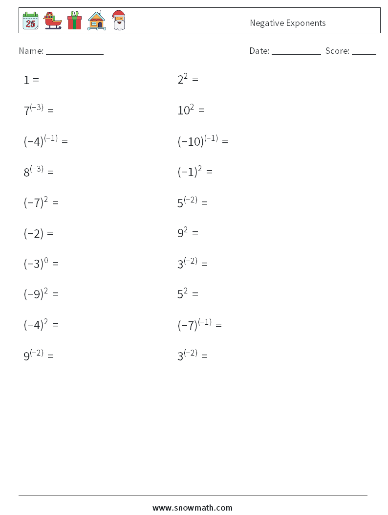  Negative Exponents Maths Worksheets 1