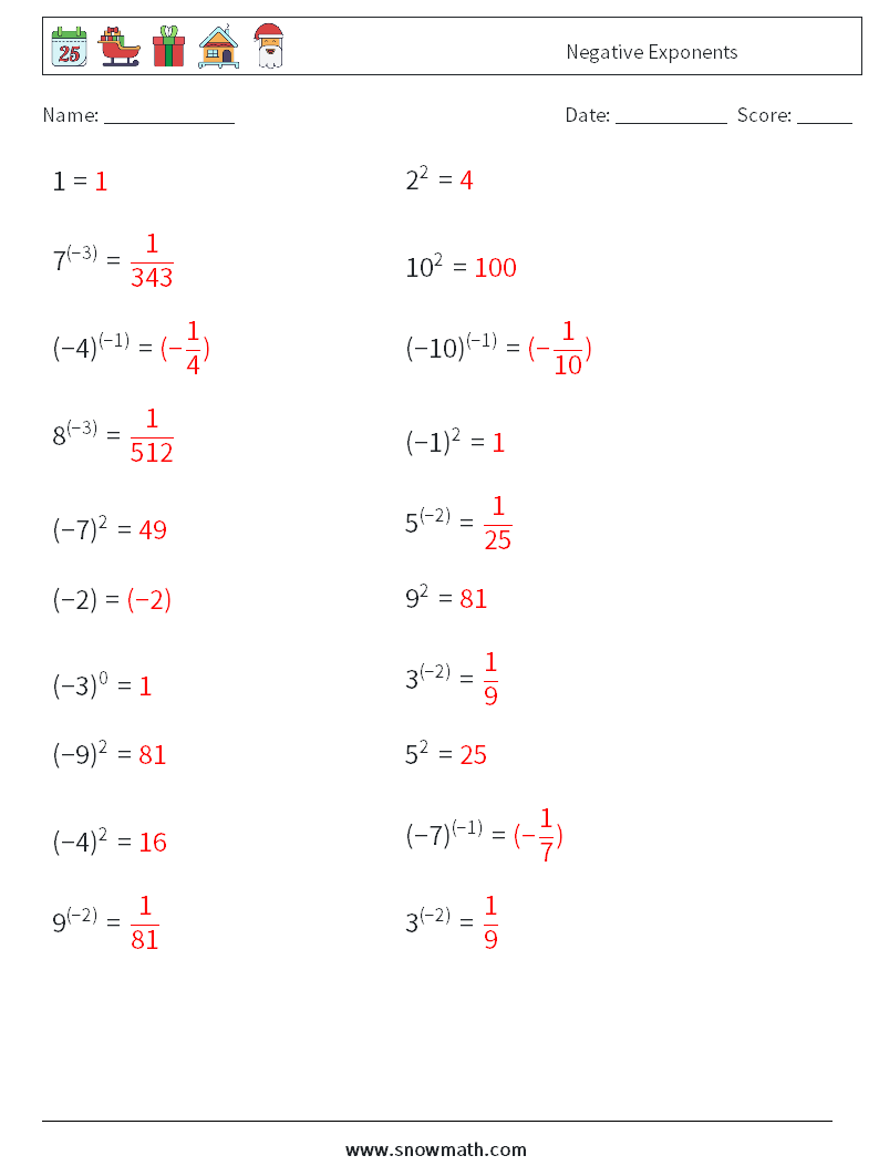  Negative Exponents Math Worksheets 1 Question, Answer