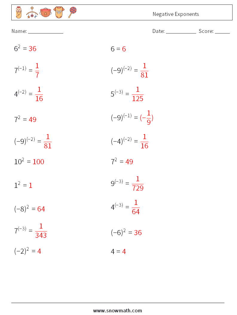  Negative Exponents Math Worksheets 2 Question, Answer