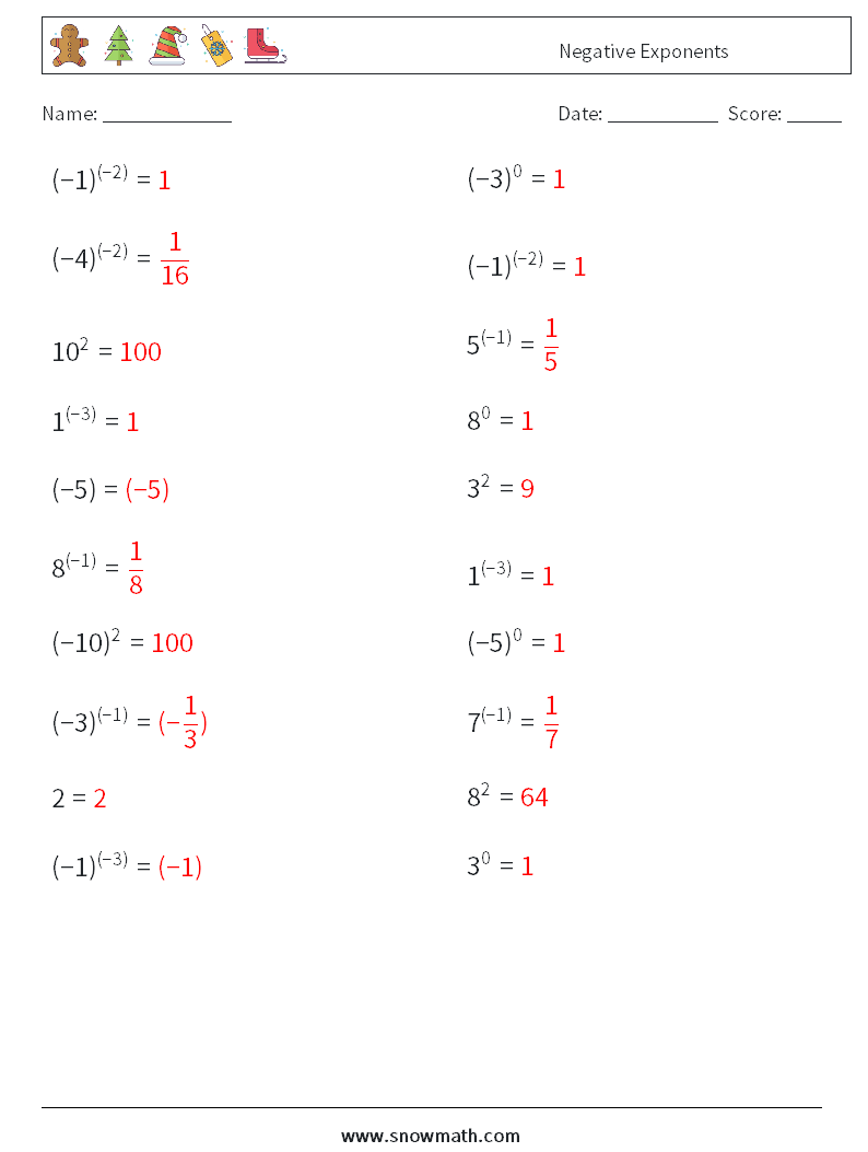  Negative Exponents Math Worksheets 5 Question, Answer
