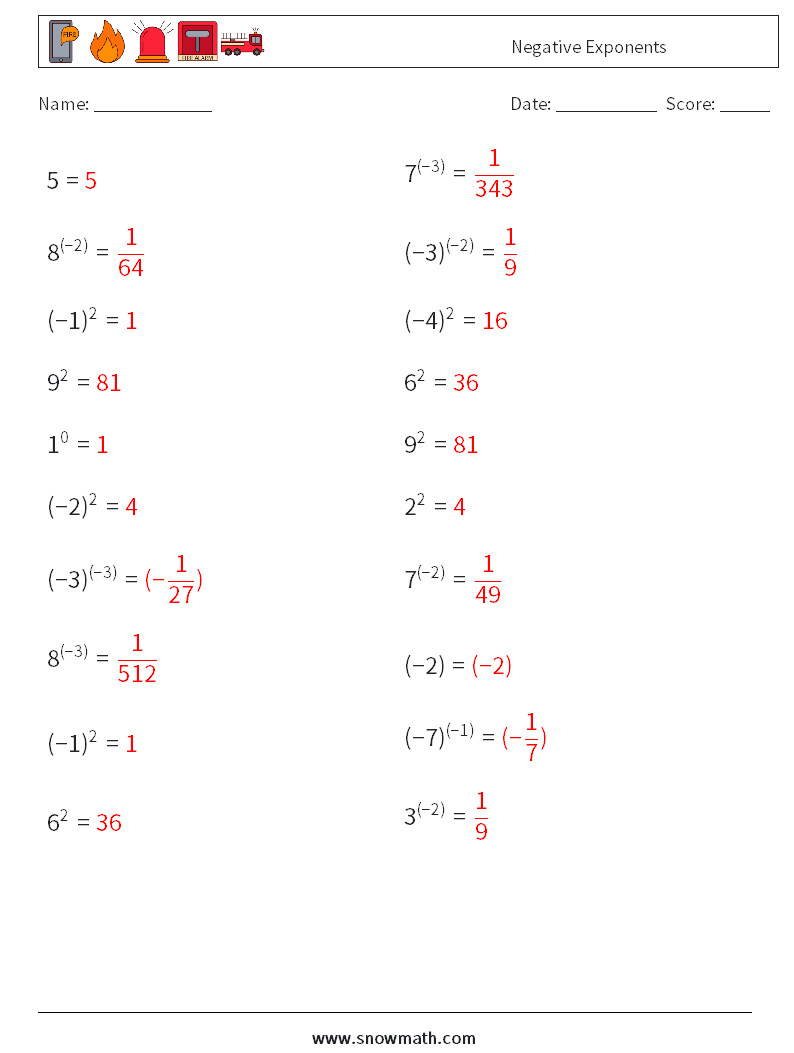  Negative Exponents Math Worksheets 7 Question, Answer