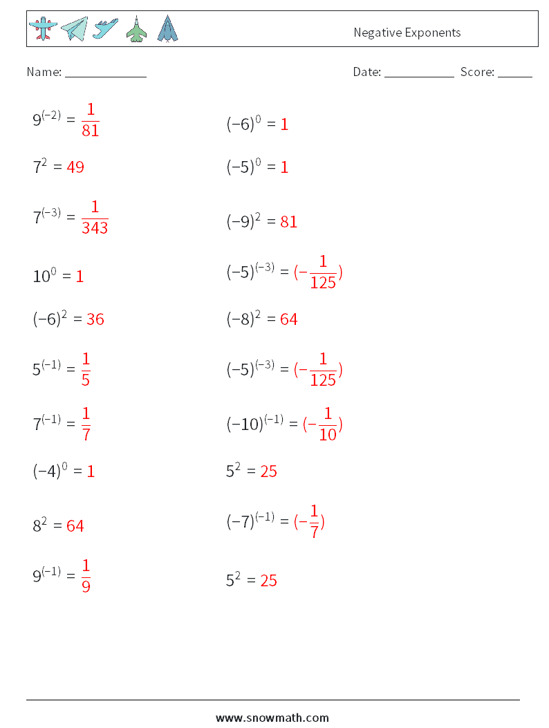  Negative Exponents Math Worksheets 8 Question, Answer