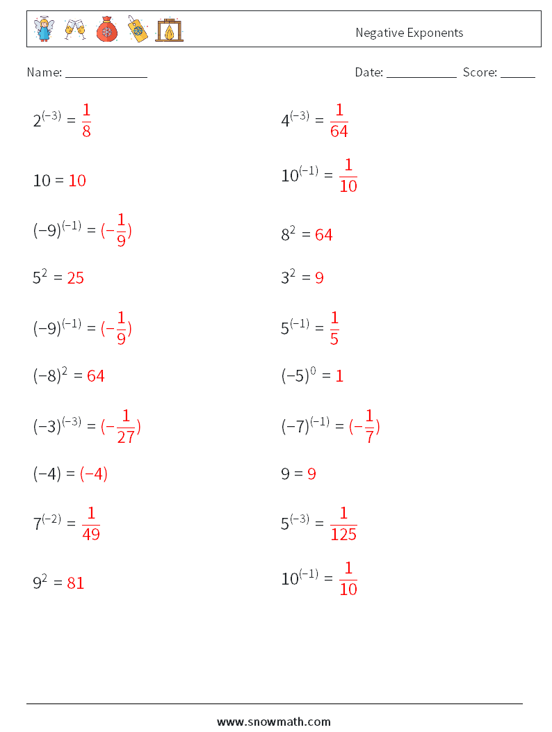  Negative Exponents Math Worksheets 9 Question, Answer