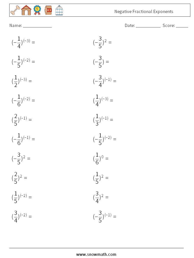 Negative Fractional Exponents Math Worksheets 1