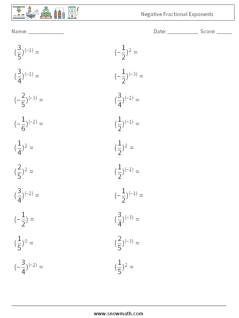 Negative Fractional Exponents Math Worksheets 3