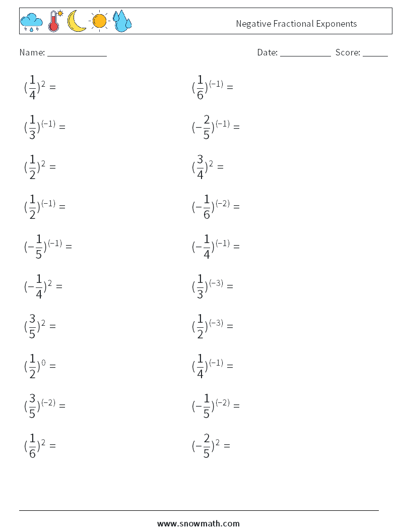 Negative Fractional Exponents Math Worksheets 4