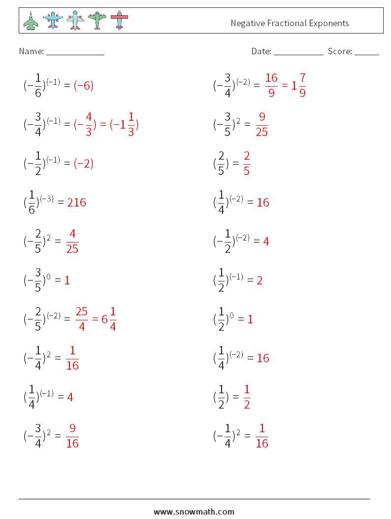 Negative Fractional Exponents Math Worksheets 5 Question, Answer