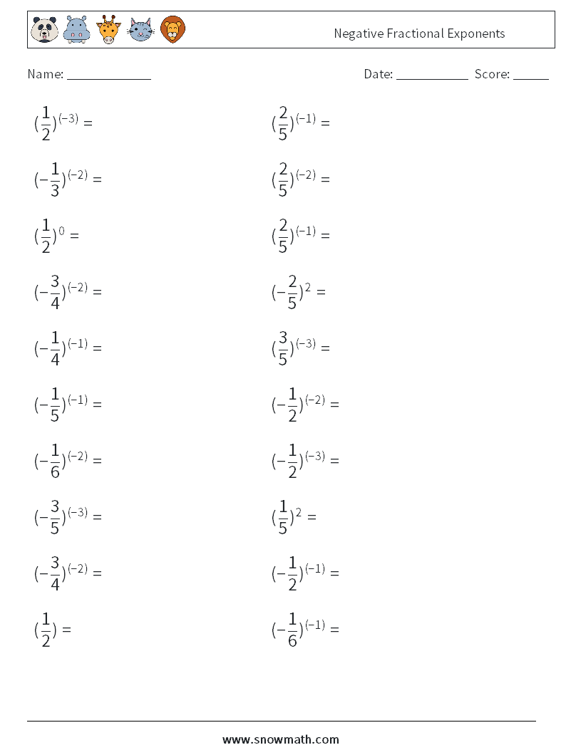 Negative Fractional Exponents Math Worksheets 6