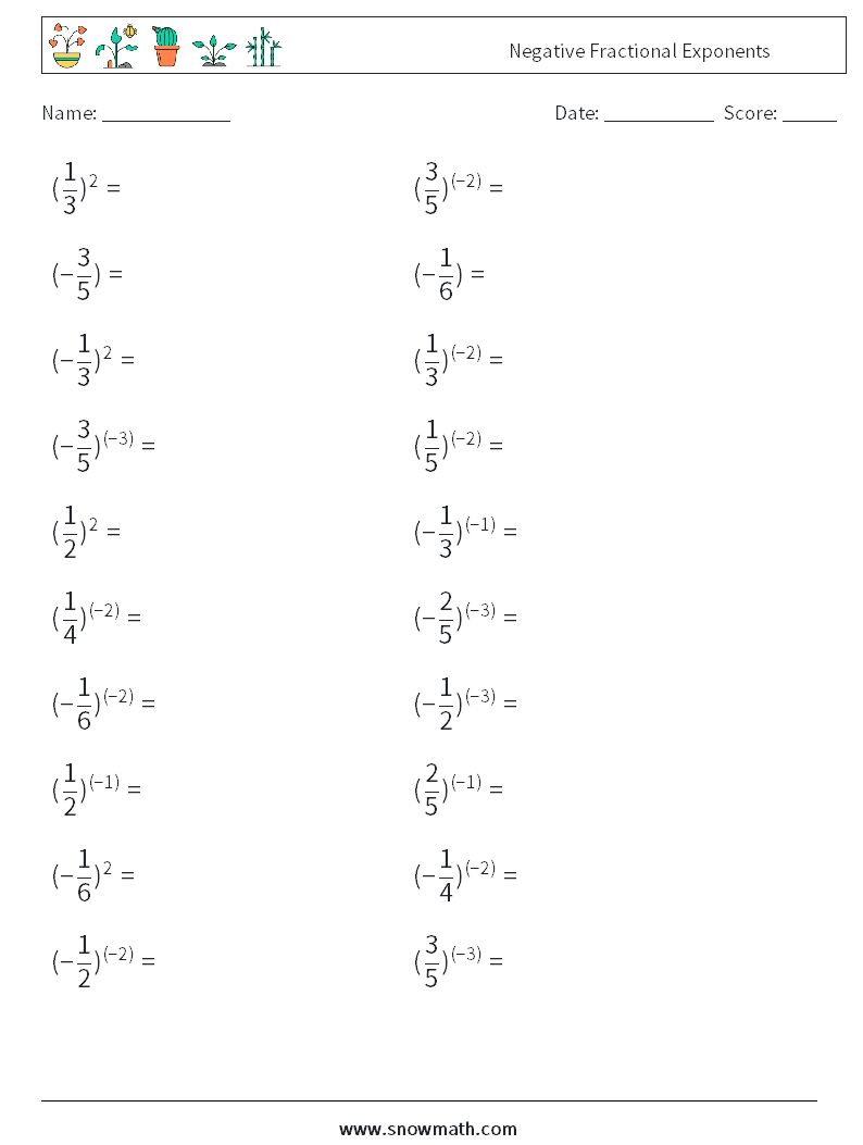 Negative Fractional Exponents Maths Worksheets 7