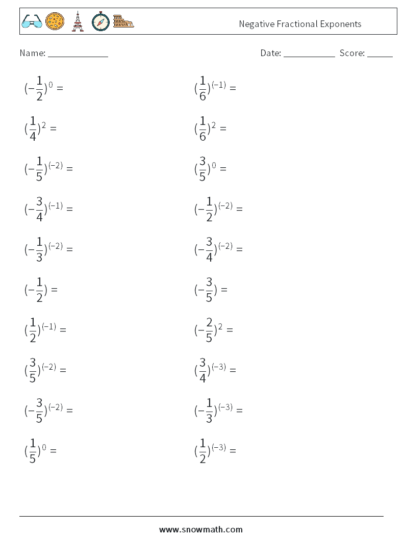 Negative Fractional Exponents Maths Worksheets 8