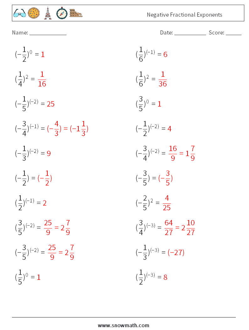 Negative Fractional Exponents Math Worksheets 8 Question, Answer