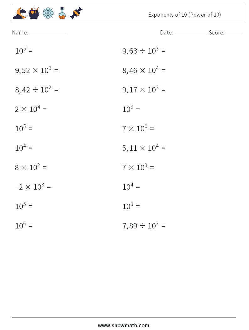 Exponents of 10 (Power of 10) Maths Worksheets 1