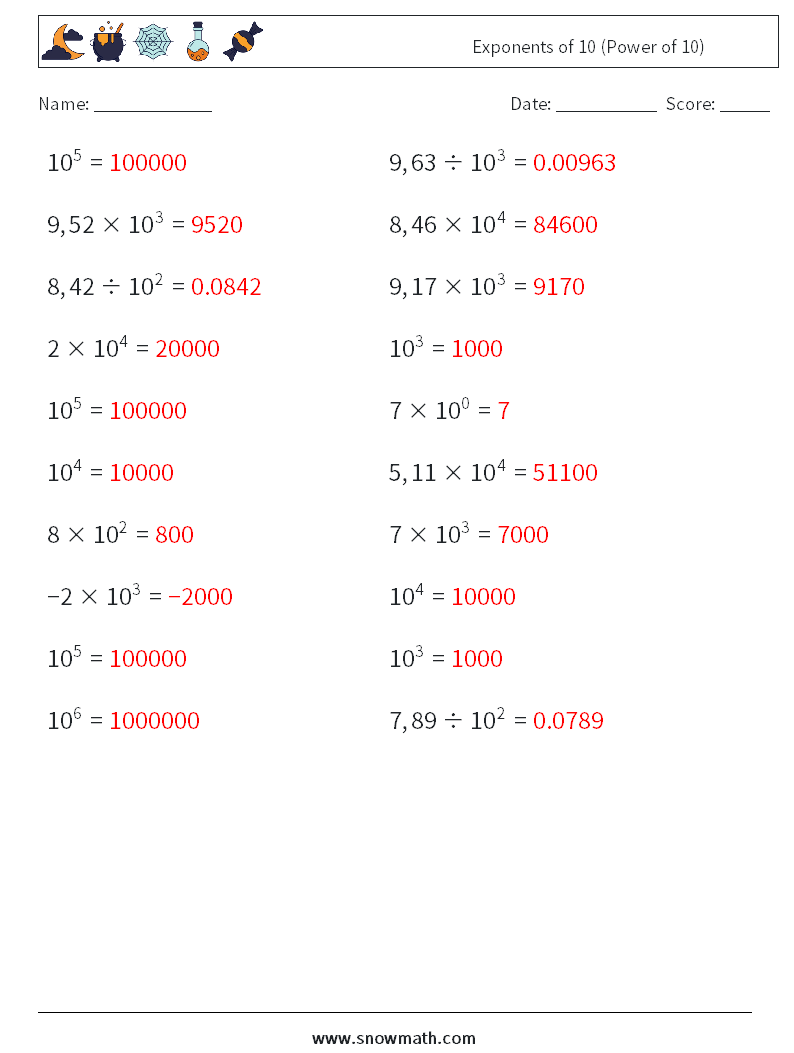 Exponents of 10 (Power of 10) Math Worksheets 1 Question, Answer