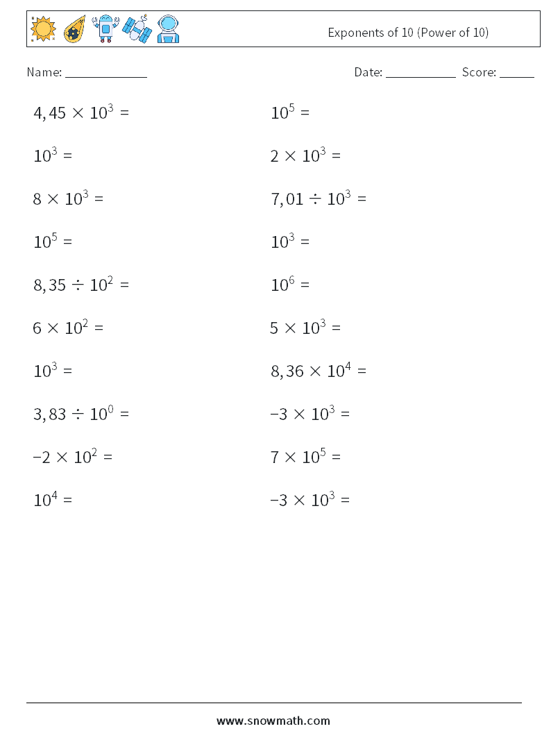 Exponents of 10 (Power of 10) Maths Worksheets 2