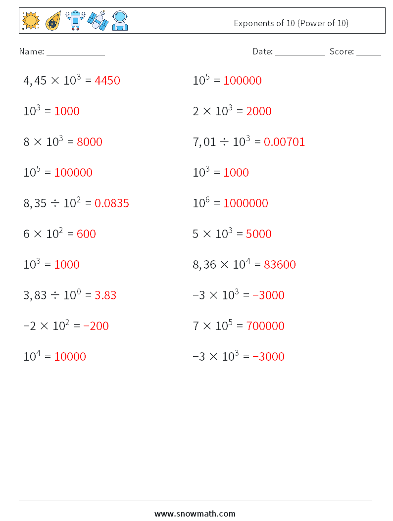 Exponents of 10 (Power of 10) Math Worksheets 2 Question, Answer