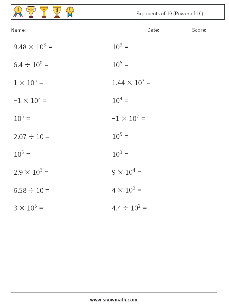 Exponents of 10 (Power of 10) Math Worksheets 3