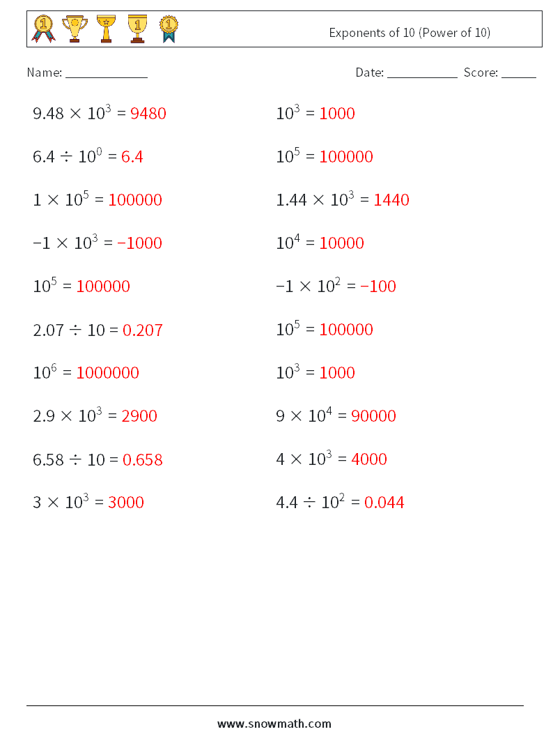 Exponents of 10 (Power of 10) Math Worksheets 3 Question, Answer