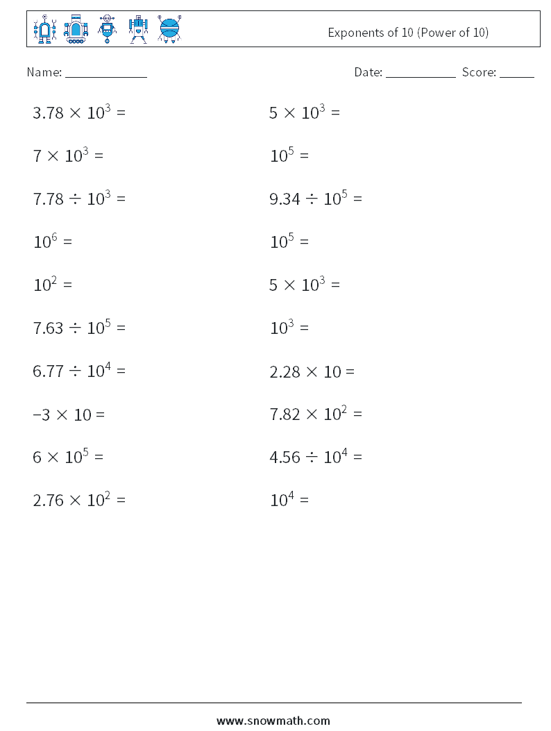 Exponents of 10 (Power of 10) Maths Worksheets 4