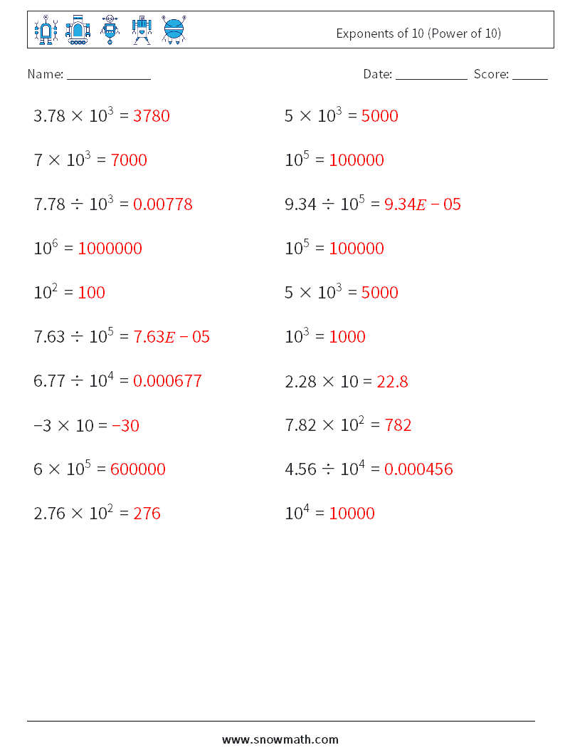 Exponents of 10 (Power of 10) Math Worksheets 4 Question, Answer