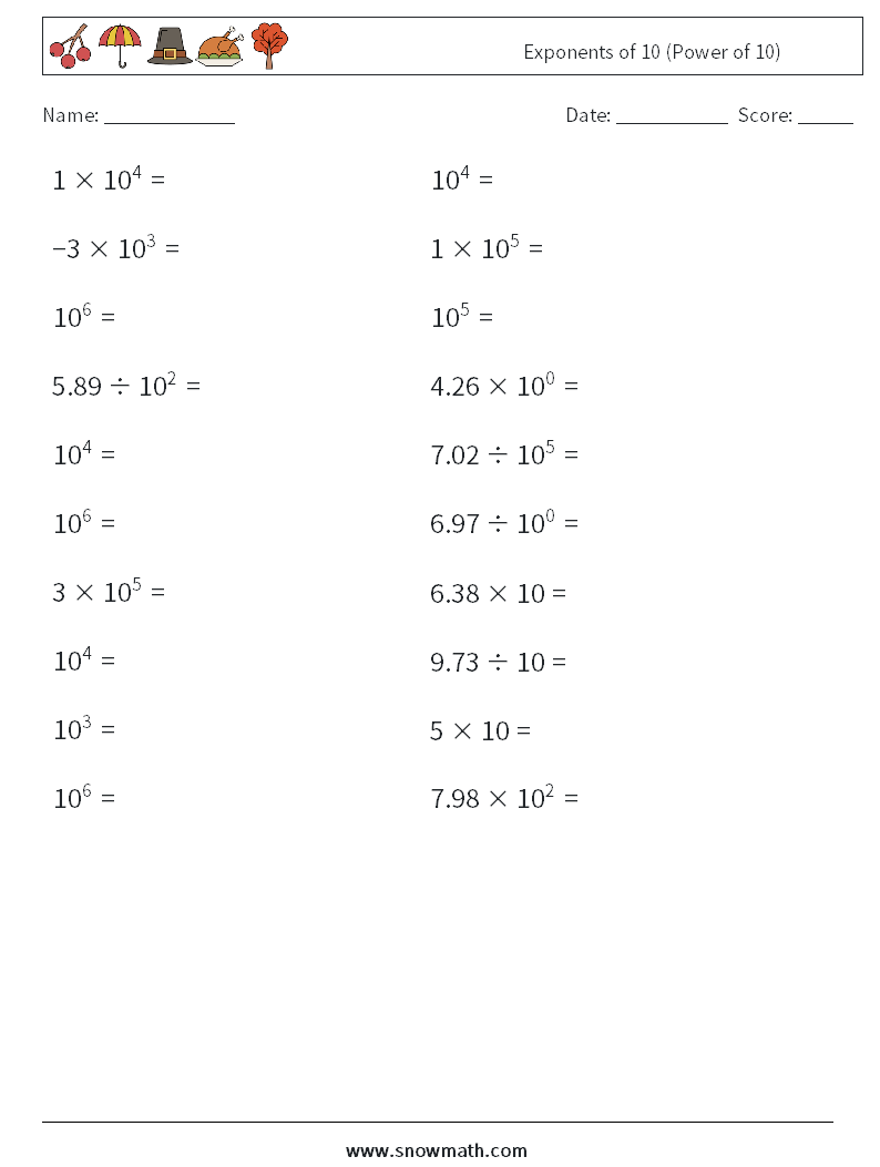 Exponents of 10 (Power of 10) Maths Worksheets 5