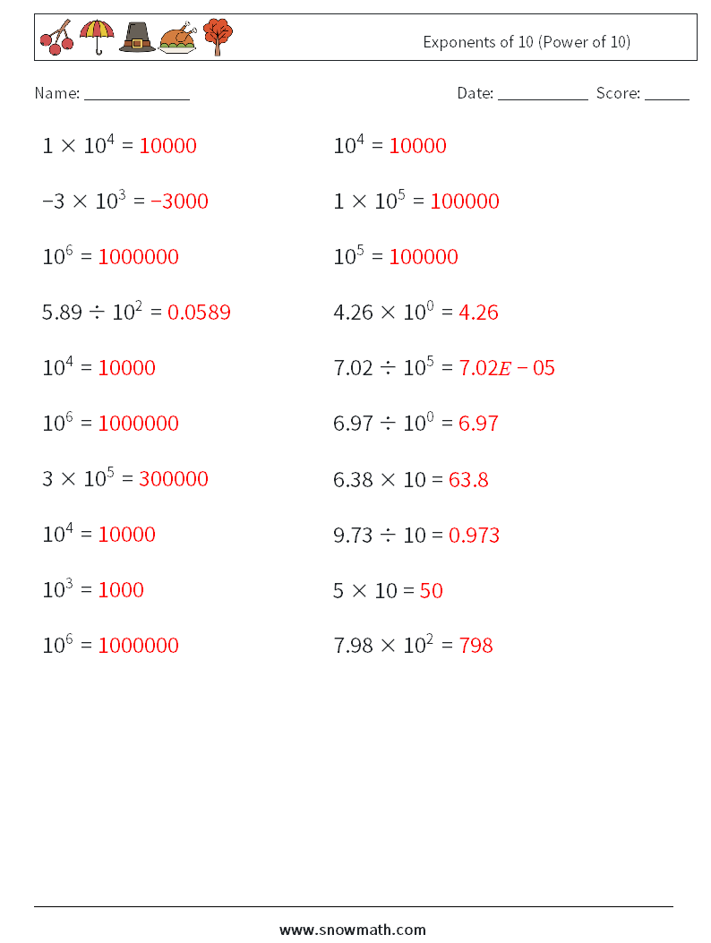 Exponents of 10 (Power of 10) Math Worksheets 5 Question, Answer