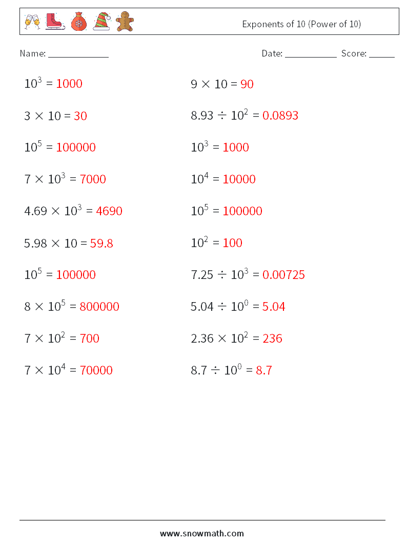 Exponents of 10 (Power of 10) Math Worksheets 6 Question, Answer