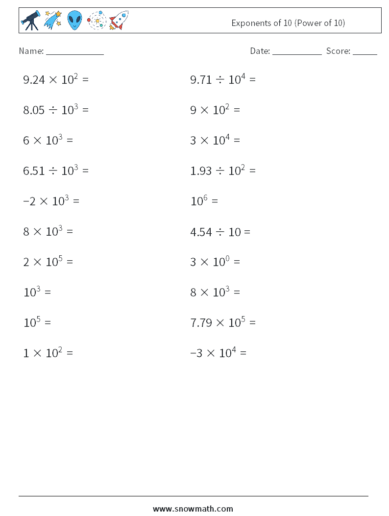 Exponents of 10 (Power of 10) Maths Worksheets 7