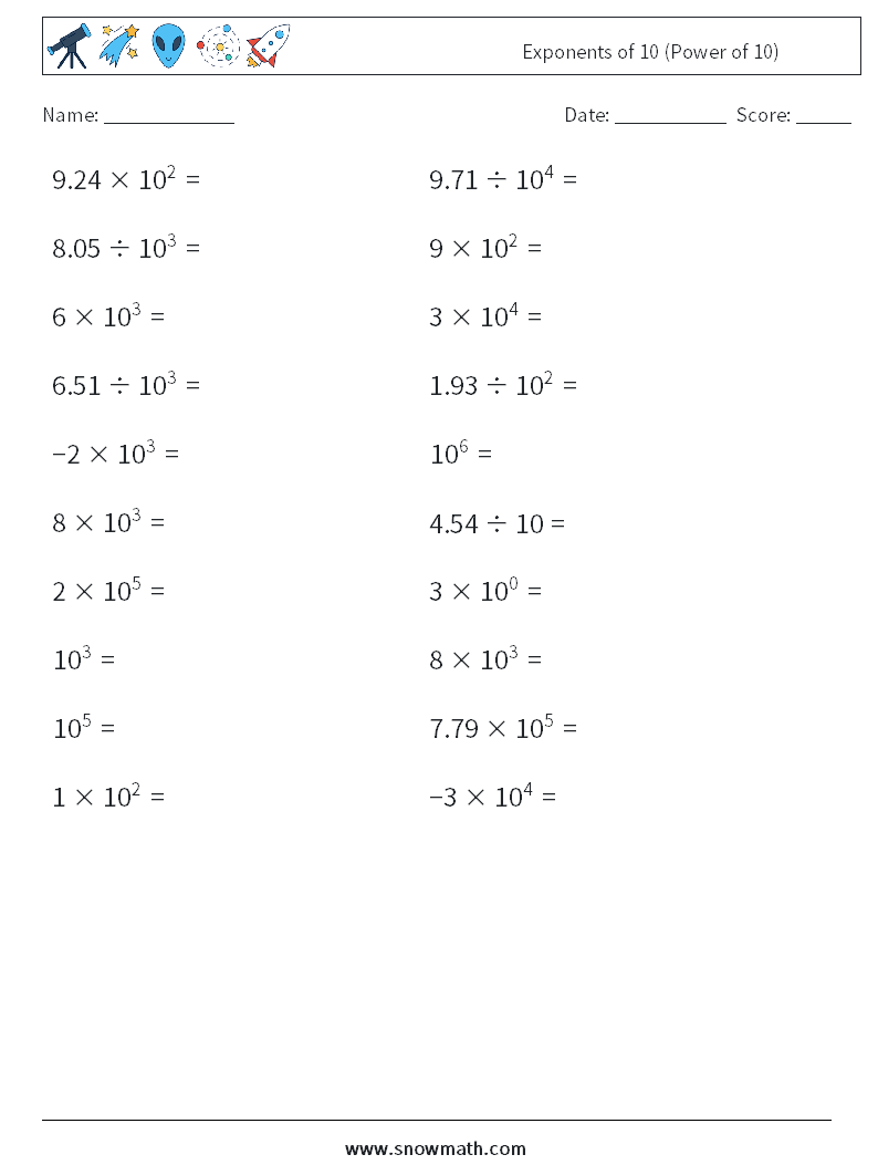 Exponents of 10 (Power of 10) Math Worksheets 7