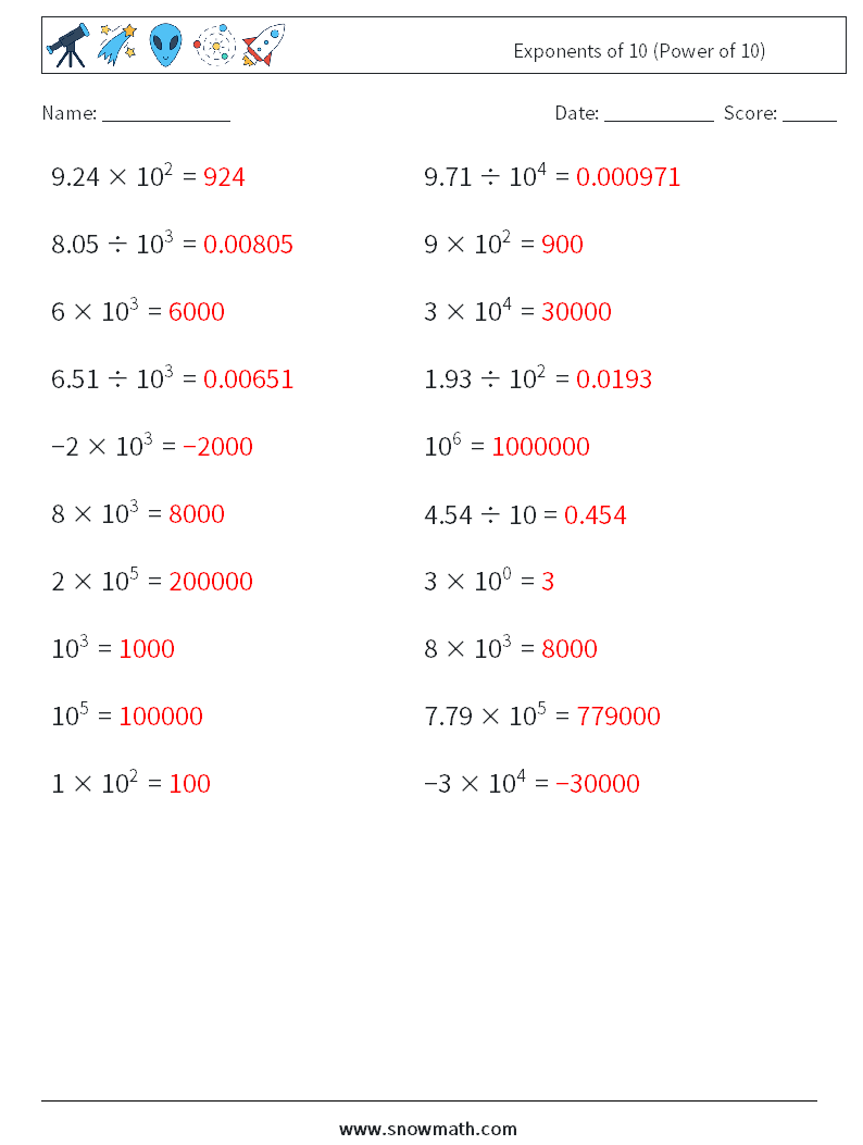 Exponents of 10 (Power of 10) Math Worksheets 7 Question, Answer