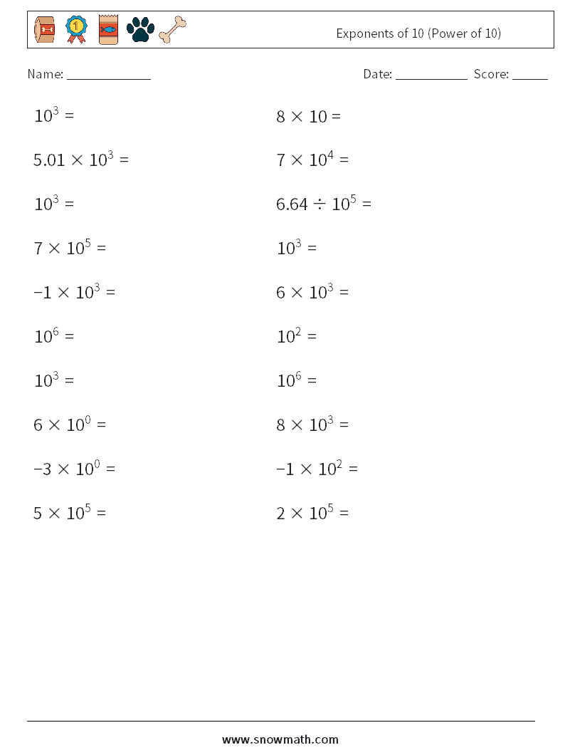 Exponents of 10 (Power of 10) Maths Worksheets 8