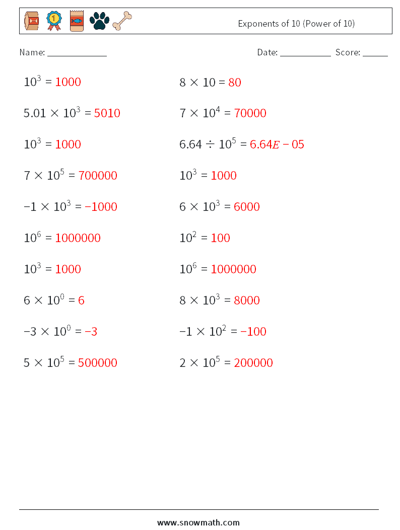 Exponents of 10 (Power of 10) Math Worksheets 8 Question, Answer