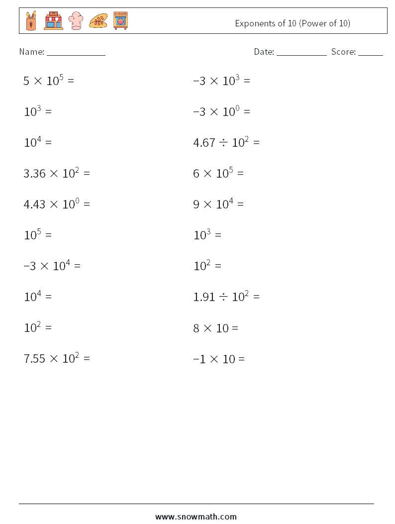Exponents of 10 (Power of 10) Maths Worksheets 9