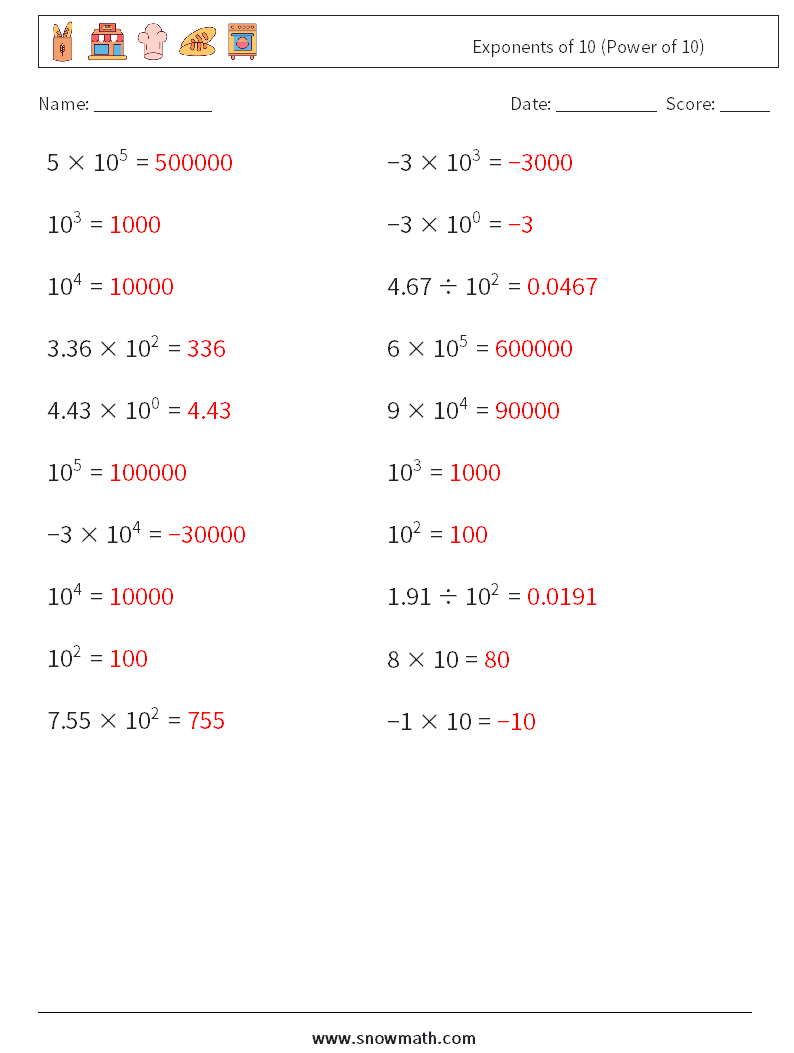 Exponents of 10 (Power of 10) Math Worksheets 9 Question, Answer