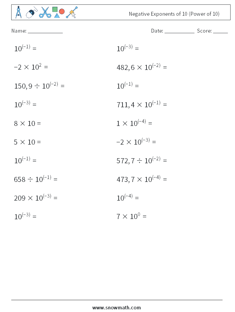 Negative Exponents of 10 (Power of 10) Math Worksheets 1